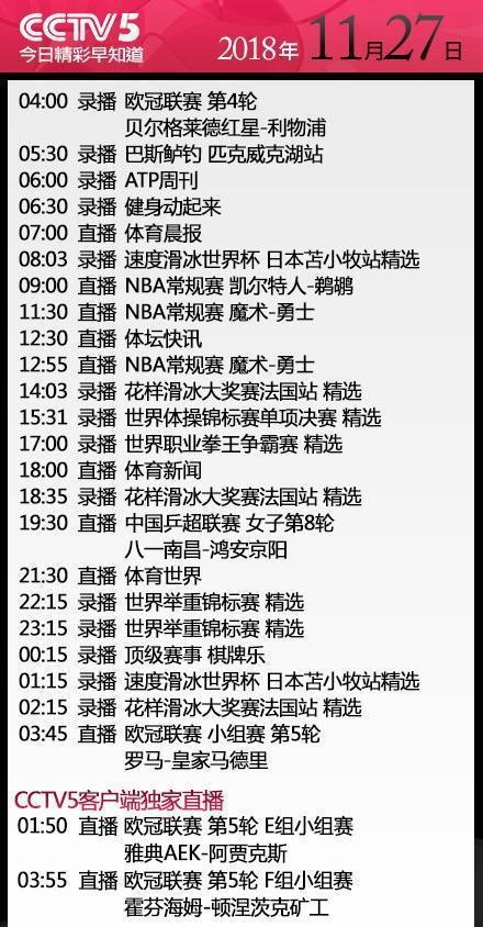 CCTV5十今日节目单表